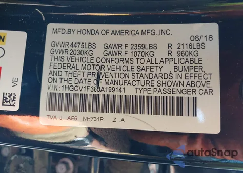 2018 Honda Accord Sport from USA, damaged, VIN 1HGCV1F38JA199141